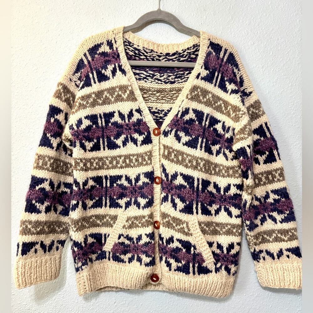 Hand Knit Wool Fair Isle Cabincore Rustic Cardigan with Pockets Blue Purple M/L